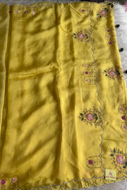 Lemon Organza Saree with Cutdana & Zardosi Work- Pre Stitched Designer Blouse 5359 15 (PRE ORDER)