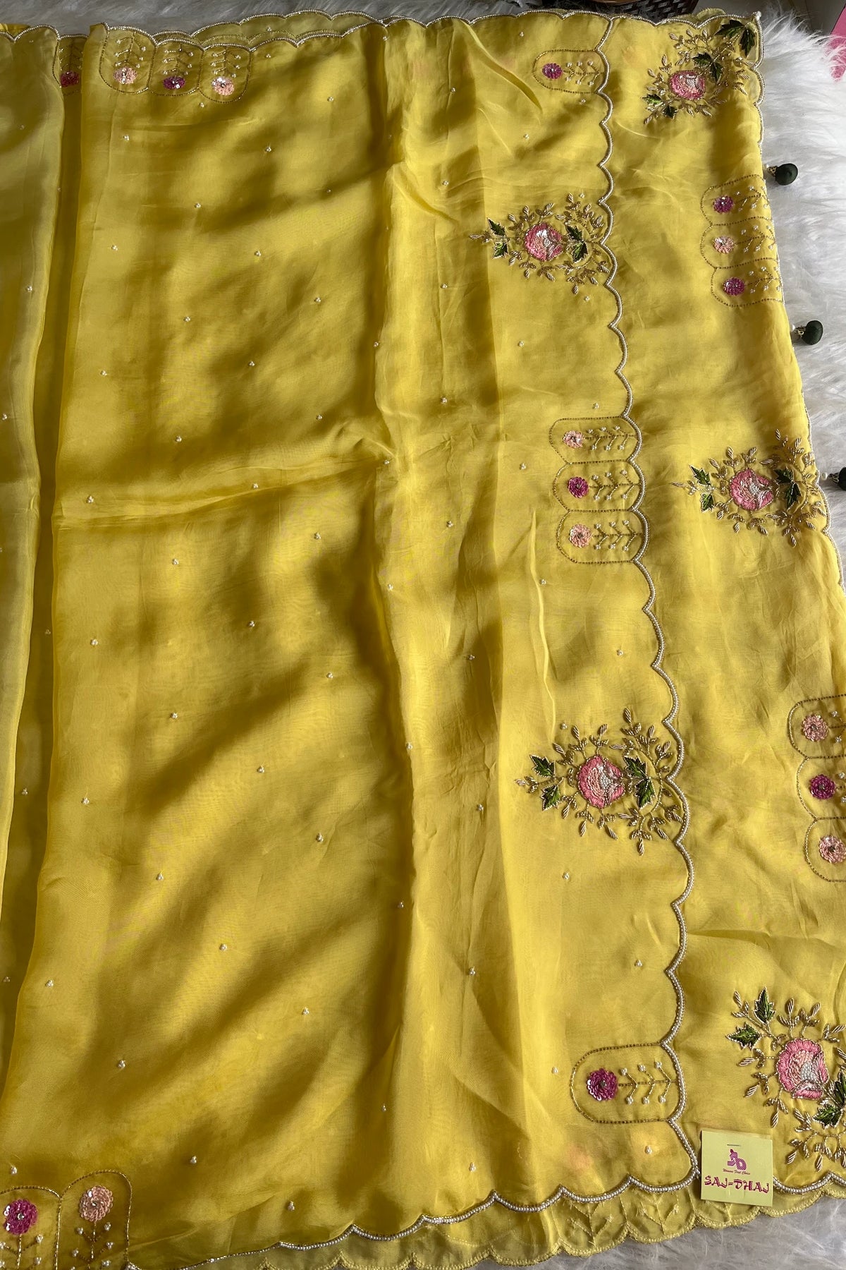 Lemon Organza Saree with Cutdana & Zardosi Work- Pre Stitched Designer Blouse 5359 15