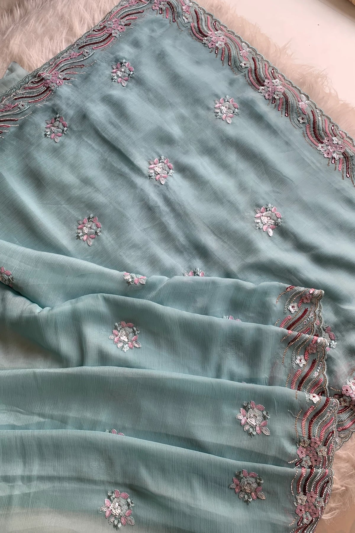 Sea Blue Embroidered Chinnon Georgette Saree 4894 01