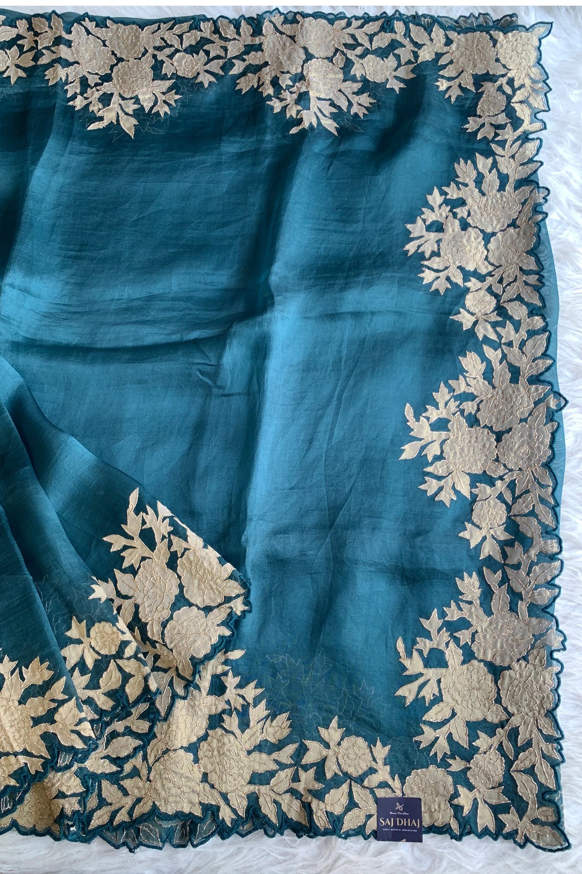 Peacock Blue Kora Silk Saree with Applique Border Work 5818 03