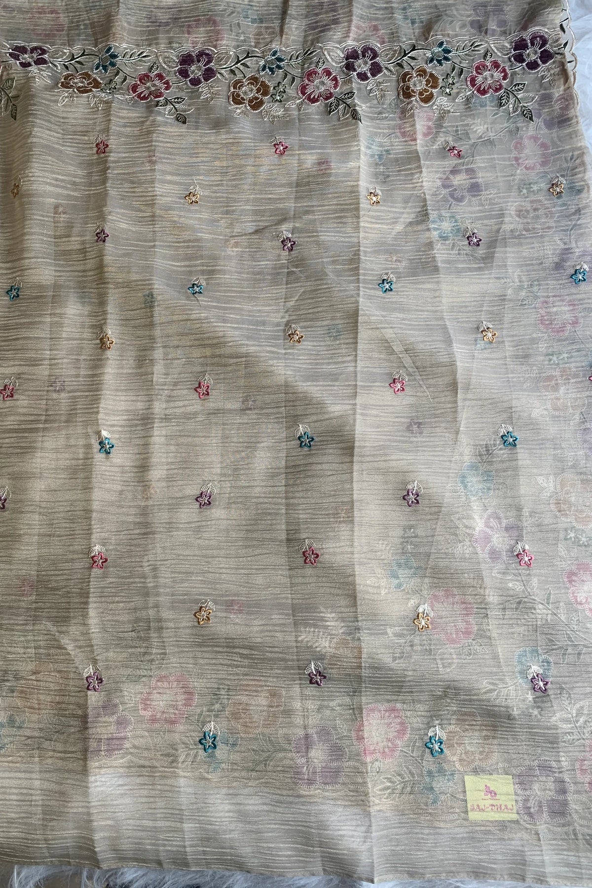 Cream Crush Tissue Organza Floral Saree 5773 04