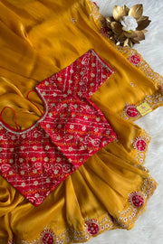 Mustard Tissue silk Saree With bandhej Blouse 5079 11
