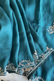 Teal Kora Silk Saree with Zardosi & Aari Work 5831 02