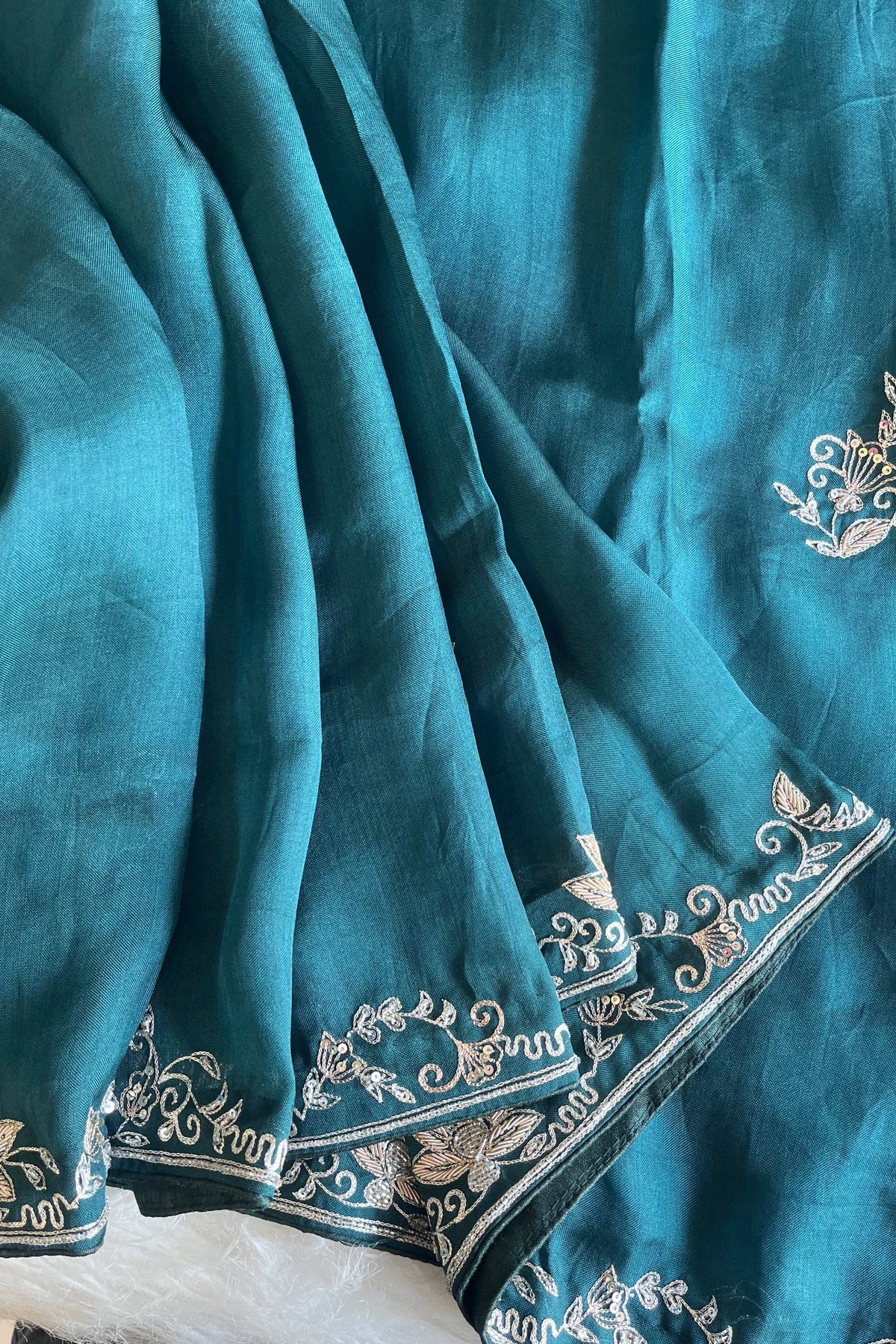 Teal Kora Silk Saree with Zardosi & Aari Work 5831 02