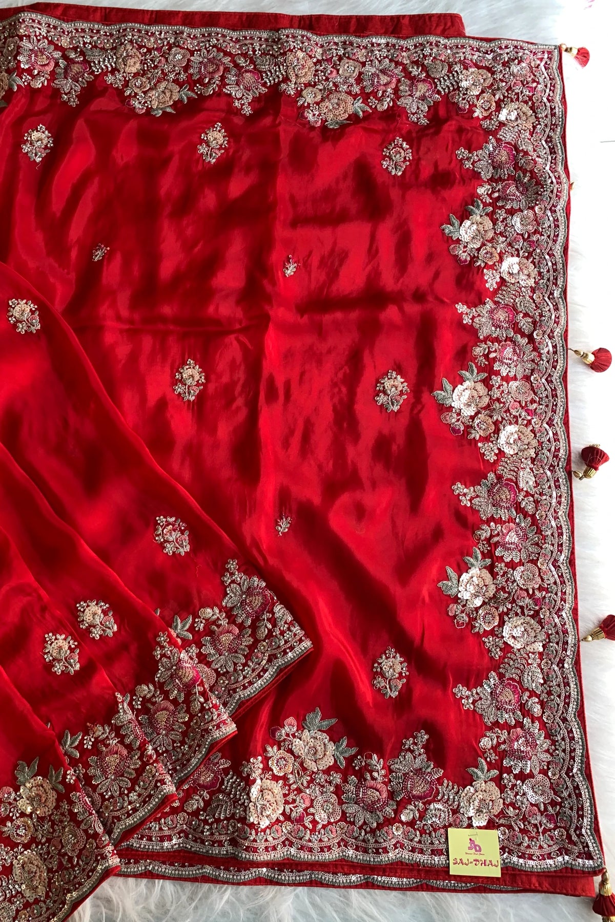 Red Floral Dori Habutai Silk Saree 5662 10