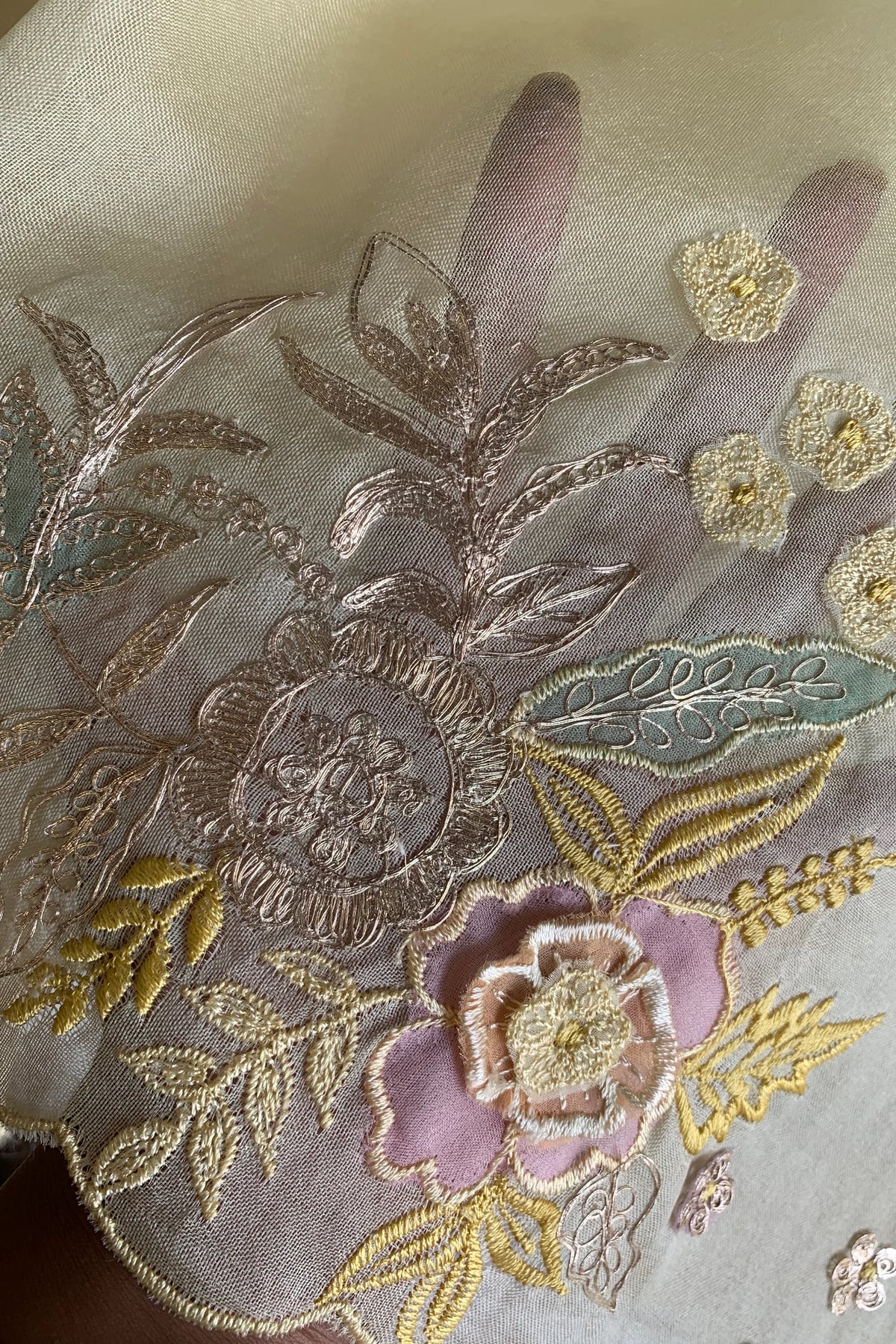 Lemon Yellow Aari Embellished Silk Organza Saree 5844 02