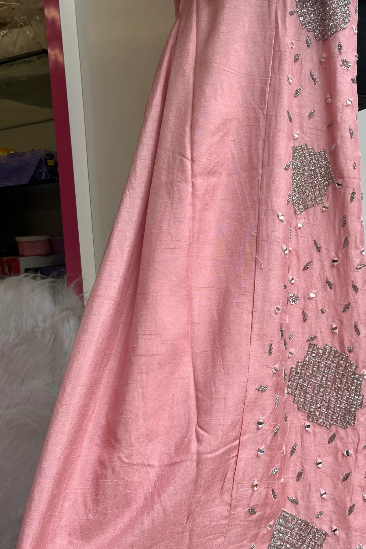 Baby Pink Russian Silk Blazer Set with Silver Stone & Cutdana Work 5147 09.