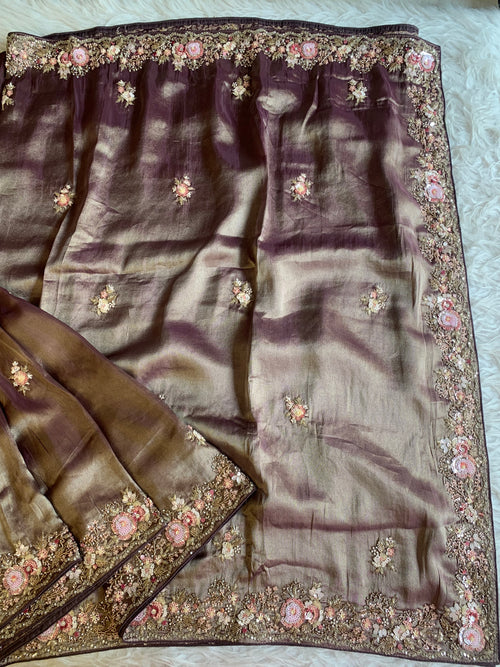 Tissue Saree with Floral Sequins, Dori & Cutdana Work 5875 08