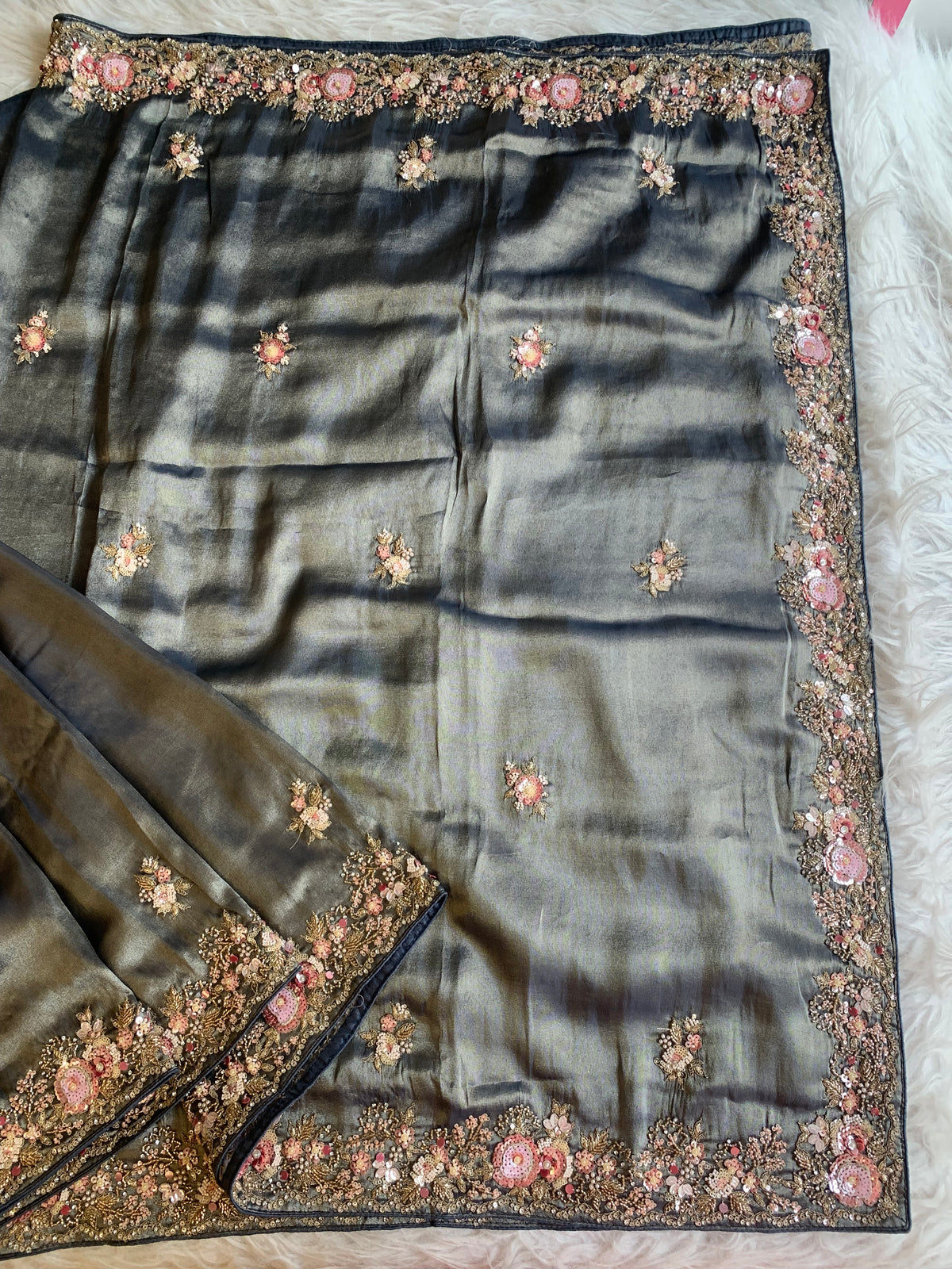 Tissue Saree with Floral Sequins, Dori & Cutdana Work 5875 08