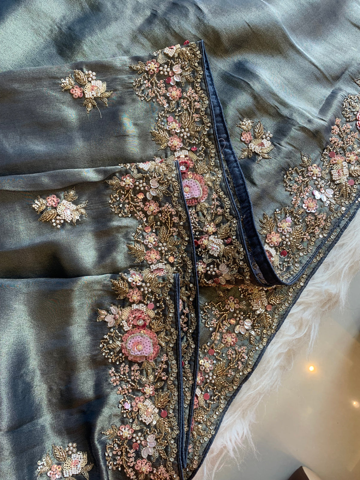 Tissue Saree with Floral Sequins, Dori & Cutdana Work 5875 08