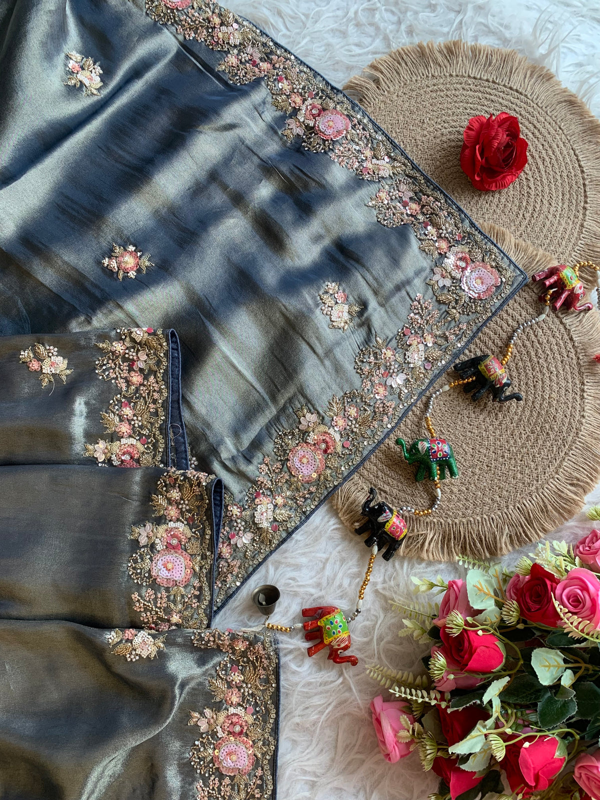 Tissue Saree with Floral Sequins, Dori & Cutdana Work 5875 08