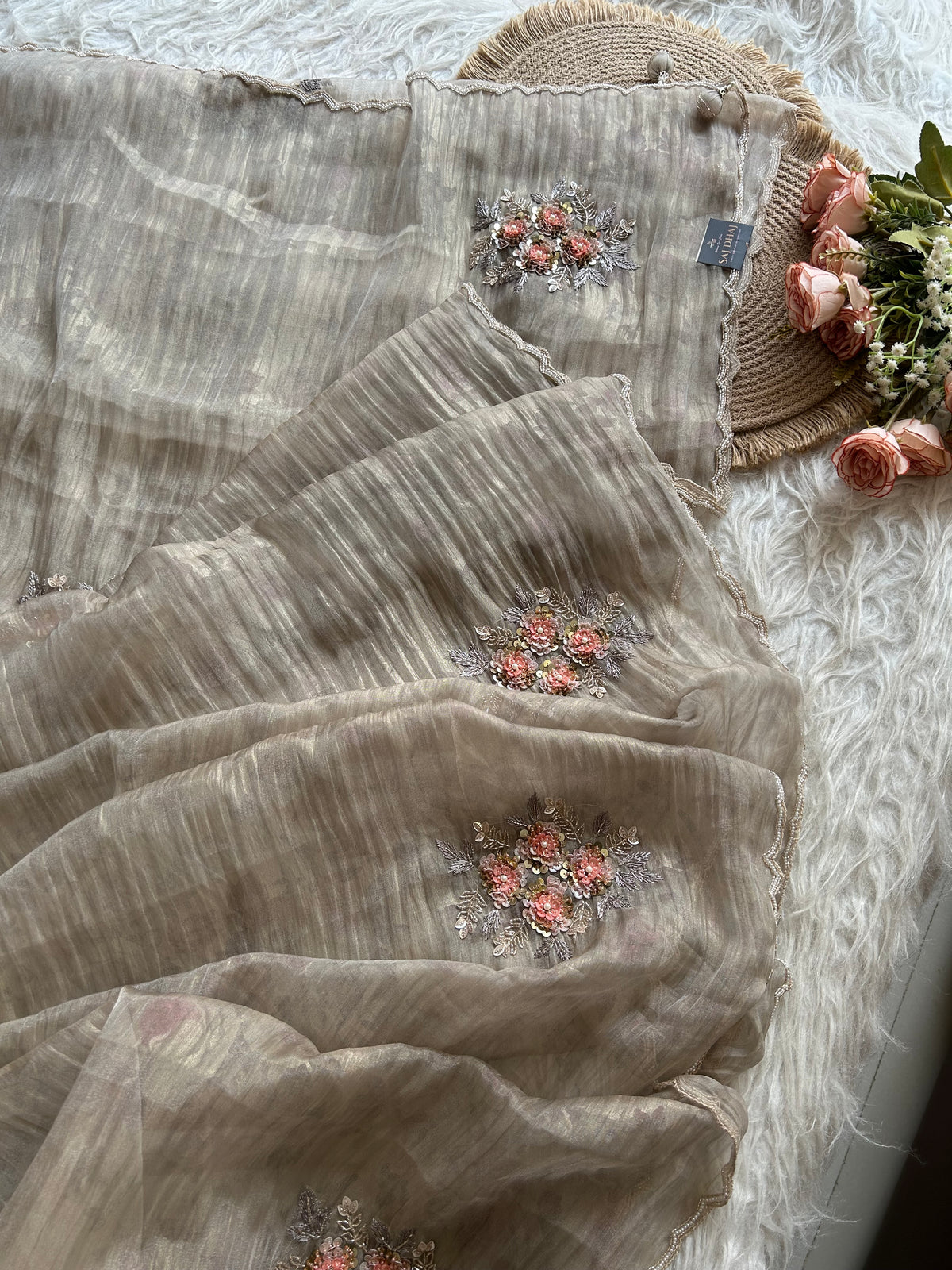 Ash Crush Tissue Saree with Floral Weaving & Cutdana Work 5906 11