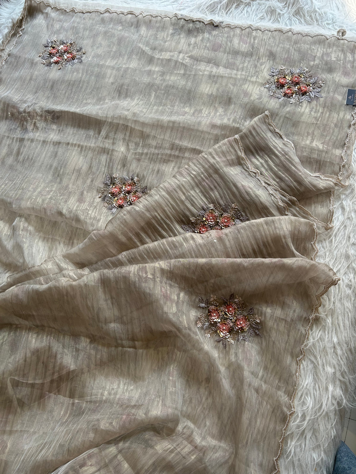 Ash Crush Tissue Saree with Floral Weaving & Cutdana Work 5906 11