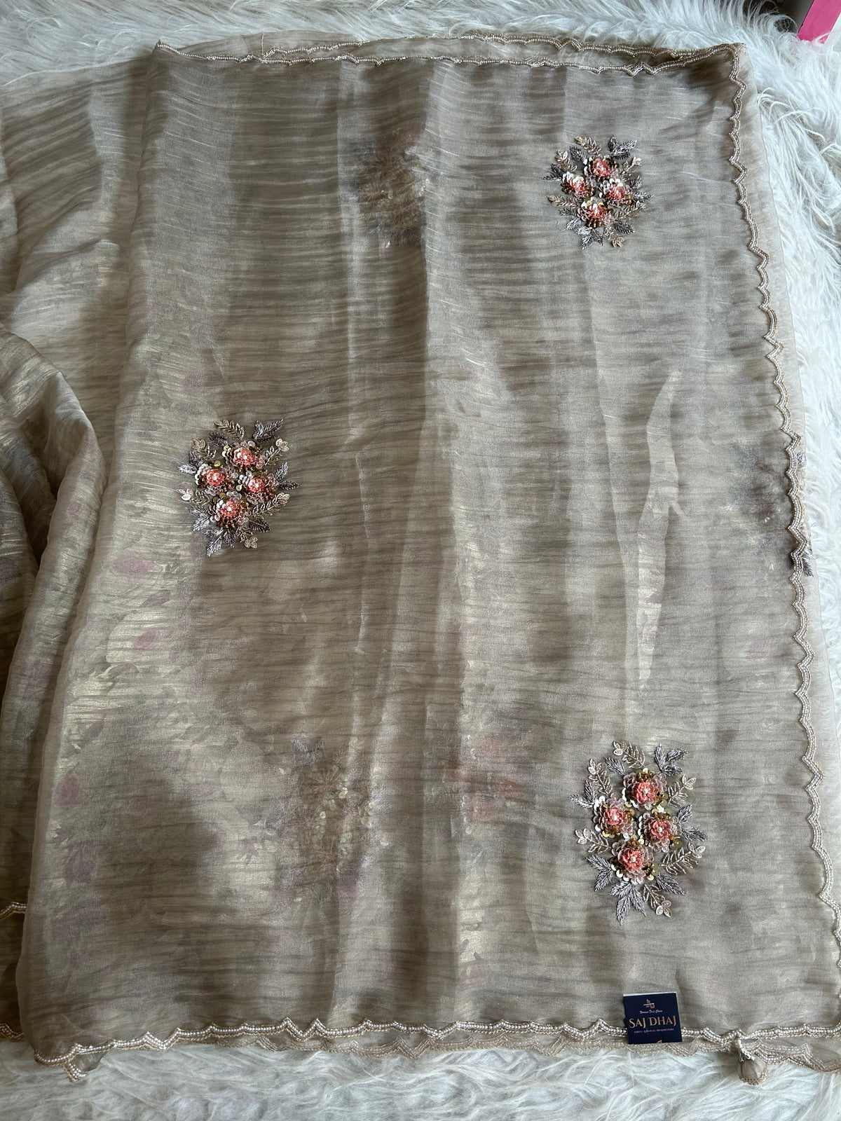 Ash Crush Tissue Saree with Floral Weaving & Cutdana Work 5906 11