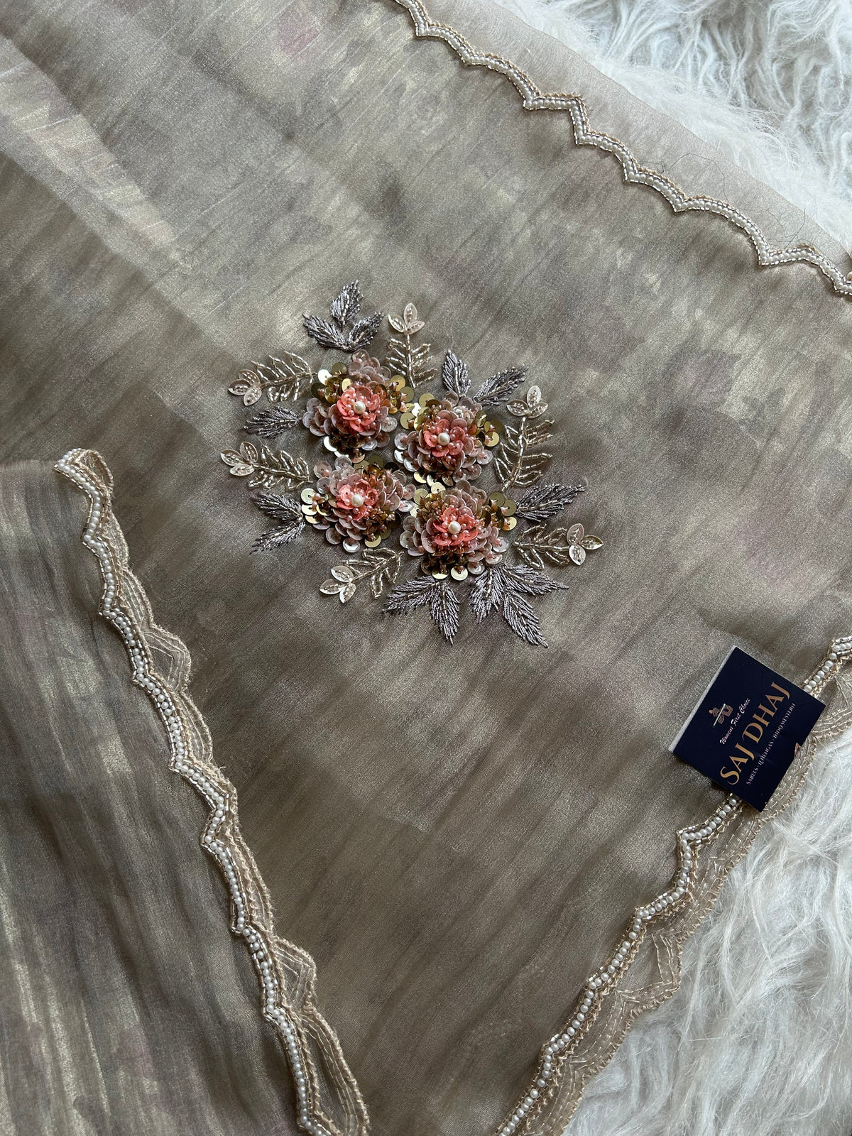 Ash Crush Tissue Saree with Floral Weaving & Cutdana Work 5906 11