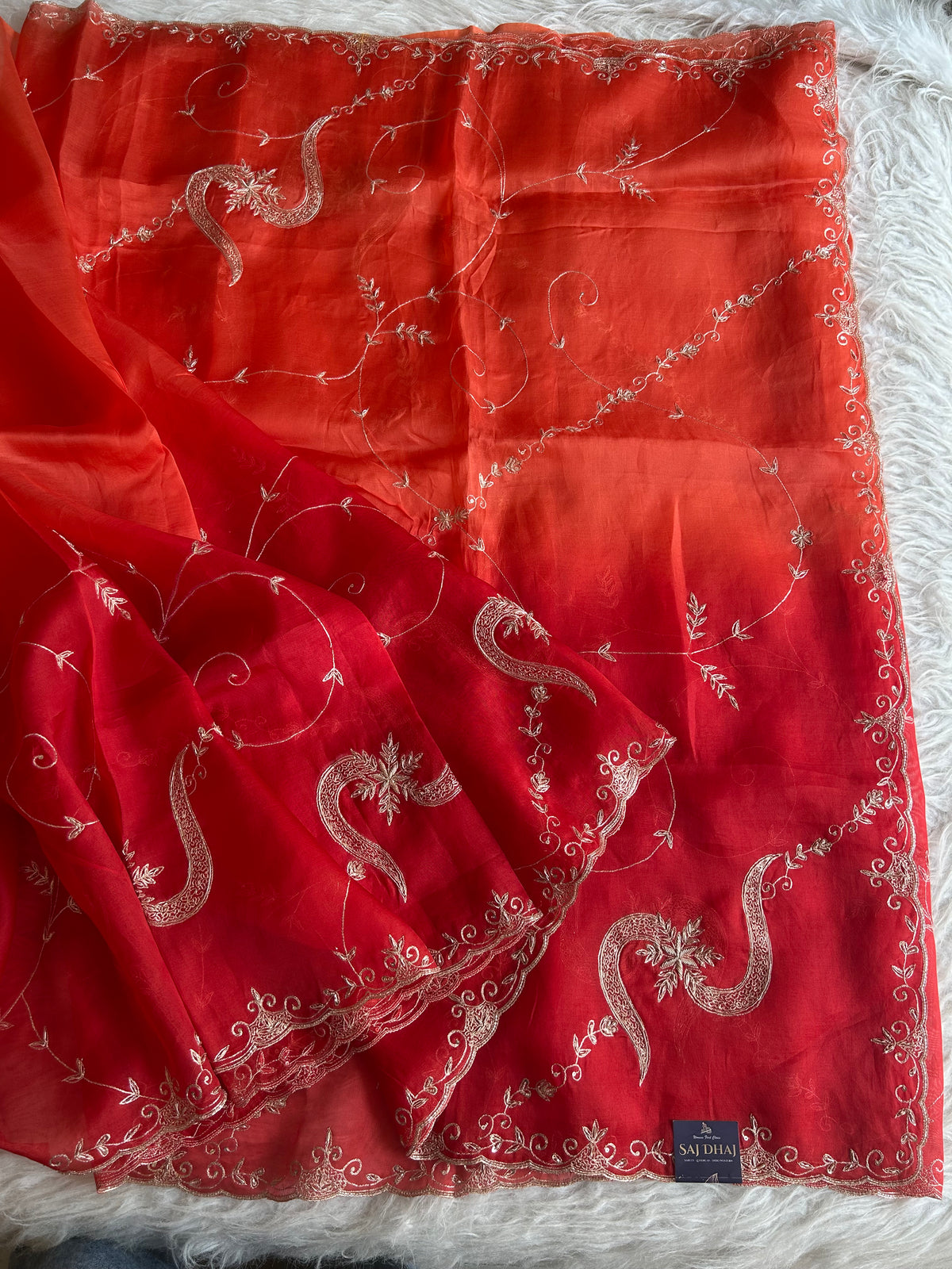Red Shaded Organza Saree with Aari, Zardosi, Sequin & Cutdana Work 5853 05