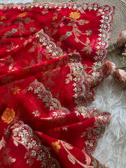 Red Organza Saree with Banarasi Floral Weaving 5907 02