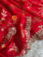 Red Organza Saree with Banarasi Floral Weaving 5907 02
