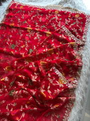 Red Organza Saree with Banarasi Floral Weaving 5907 02