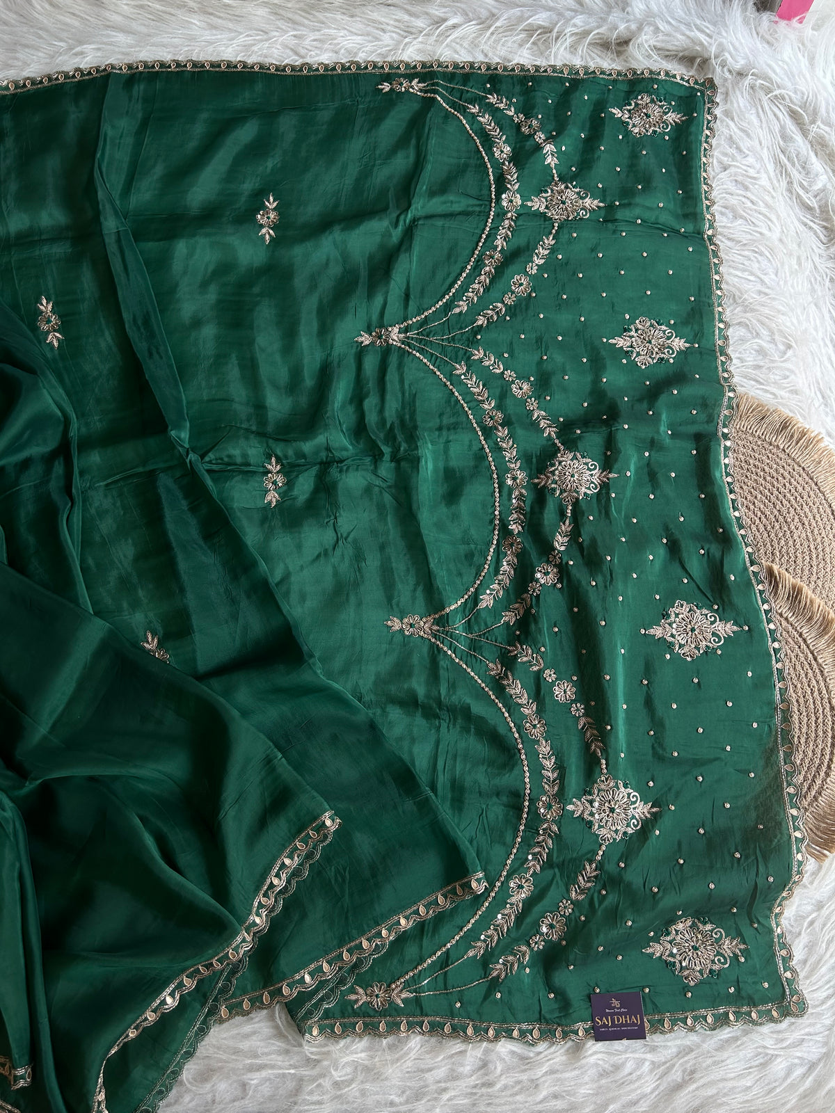 Emerald Green Habutai Silk Saree with Zardosi 5941 21