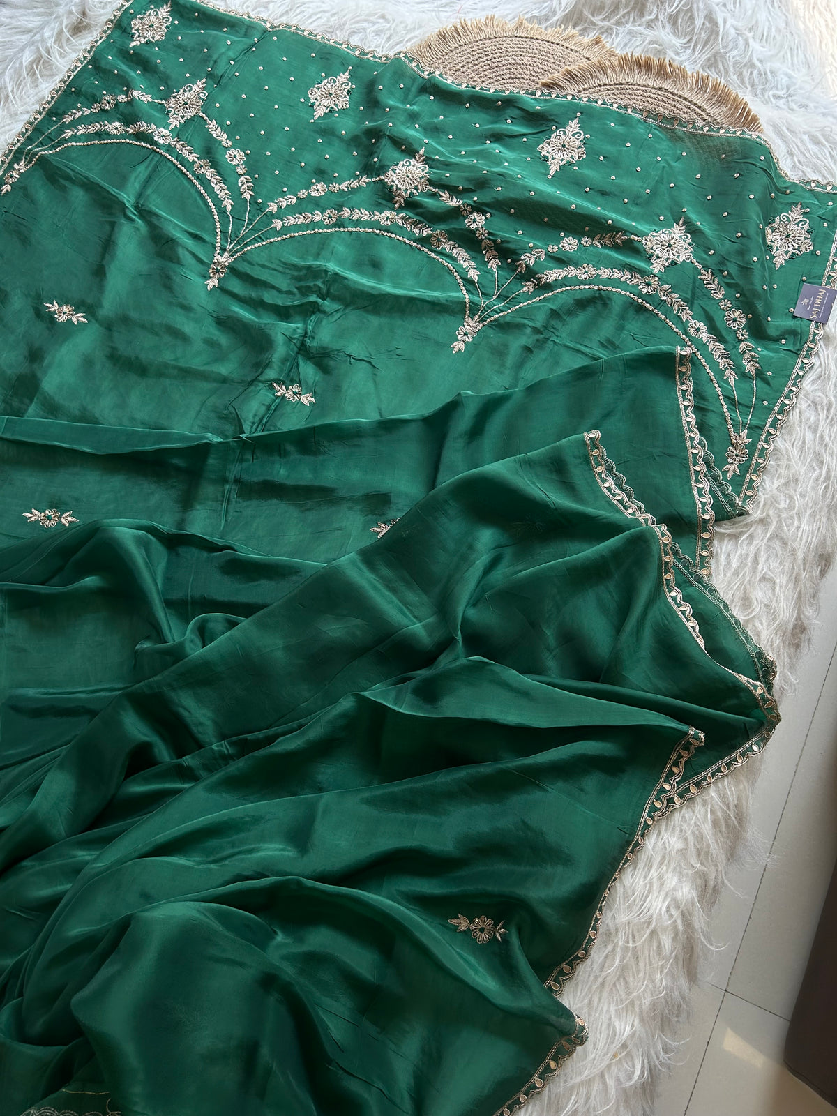 Emerald Green Habutai Silk Saree with Zardosi 5941 21