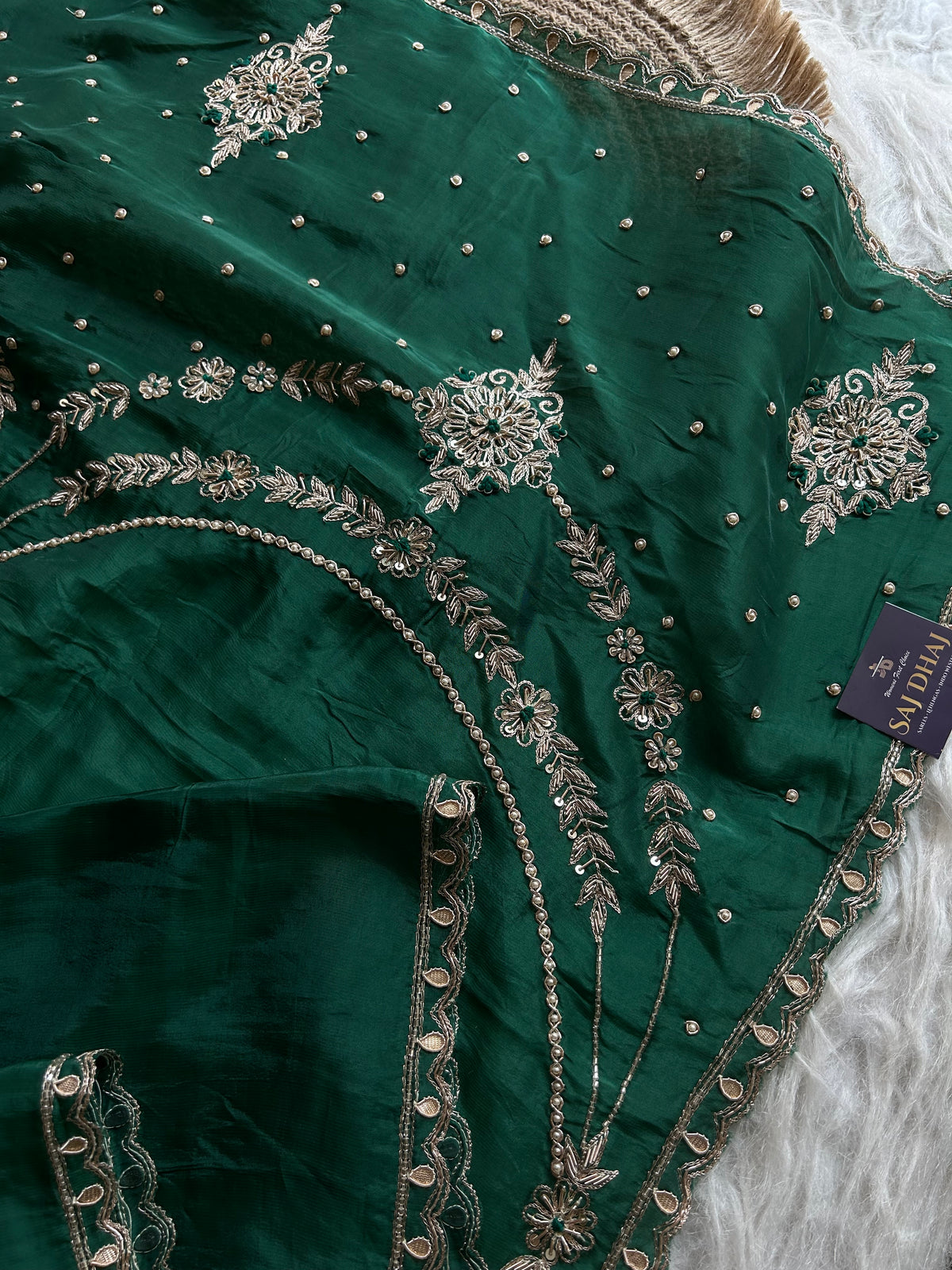 Emerald Green Habutai Silk Saree with Zardosi 5941 21