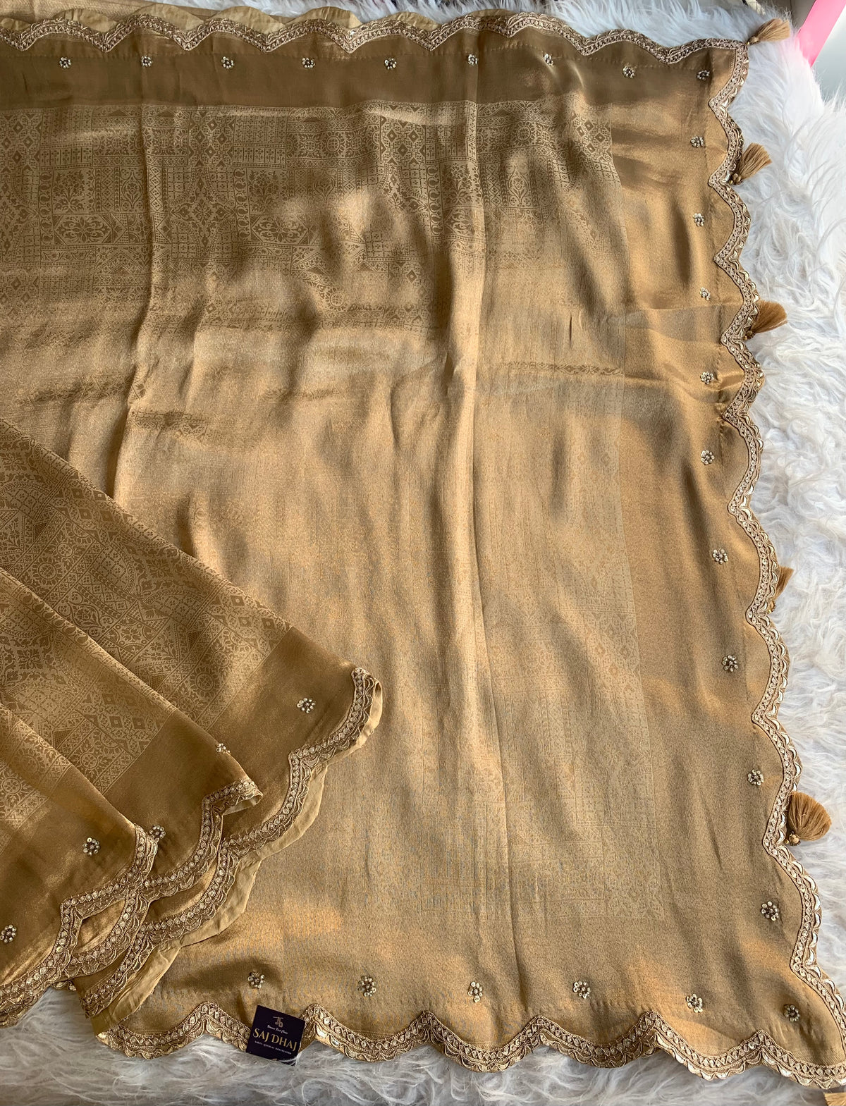Gold Kanchipuram Saree with Heavy Zardosi & Cutdana Work 5907 11
