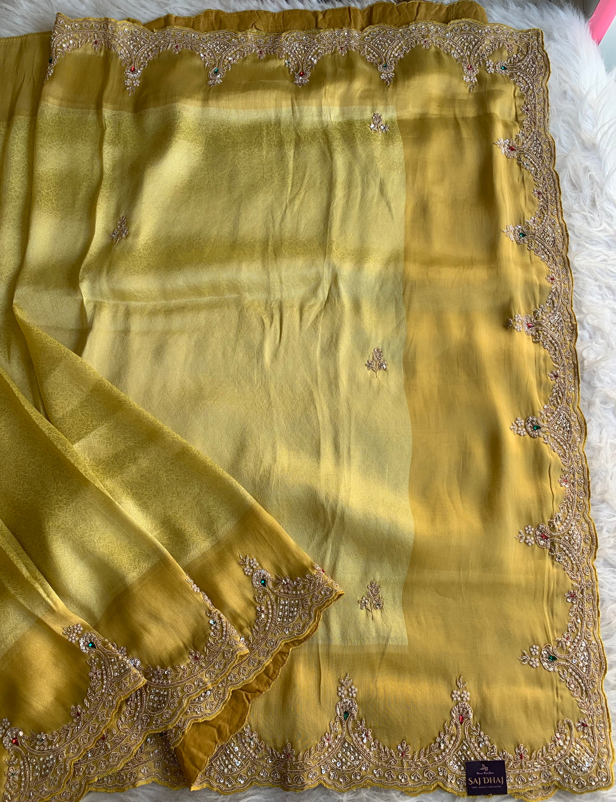Yellow Kanchipuram Silk Saree with Zardosi, Jewel & Cutdana Work 5894 07