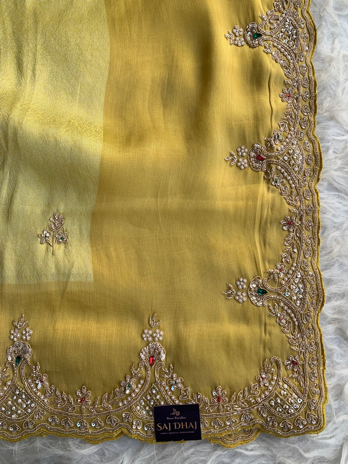Yellow Kanchipuram Silk Saree with Zardosi, Jewel & Cutdana Work 5894 07