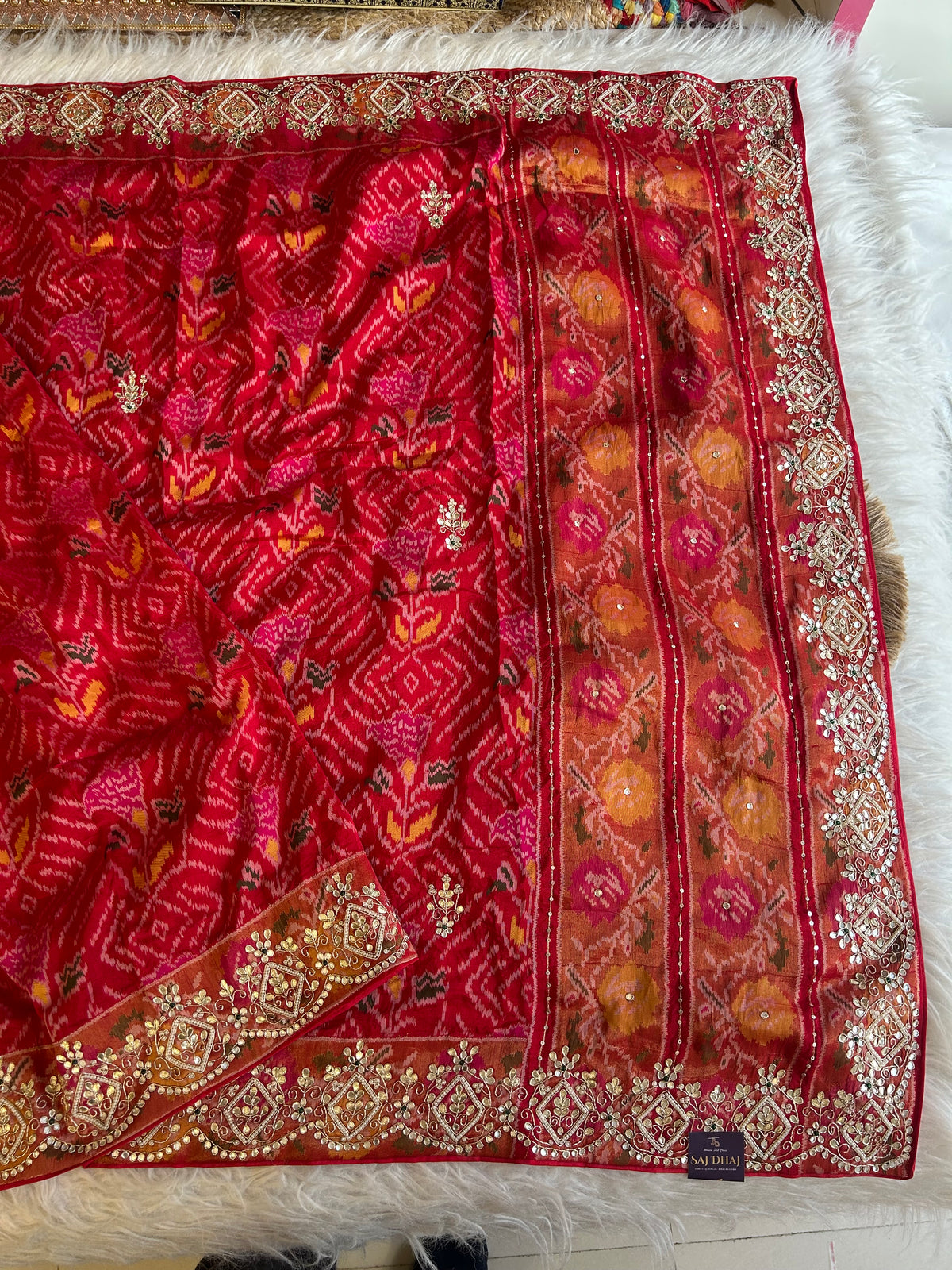 Red Banarasi Patola Saree with Gota, Zardosi, Bead & Mirror Work 5953 03