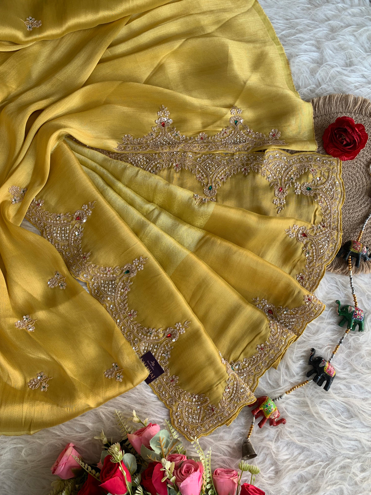 Yellow Kanchipuram Silk Saree with Zardosi, Jewel & Cutdana Work 5894 07