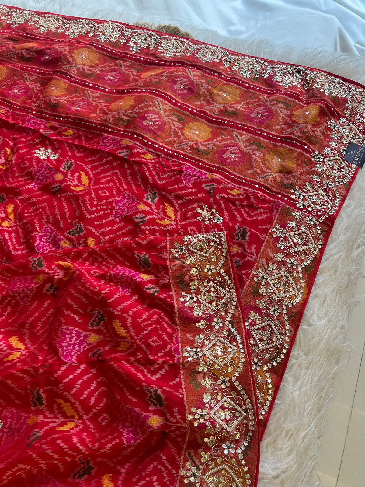 Red Banarasi Patola Saree with Gota, Zardosi, Bead & Mirror Work 5953 03