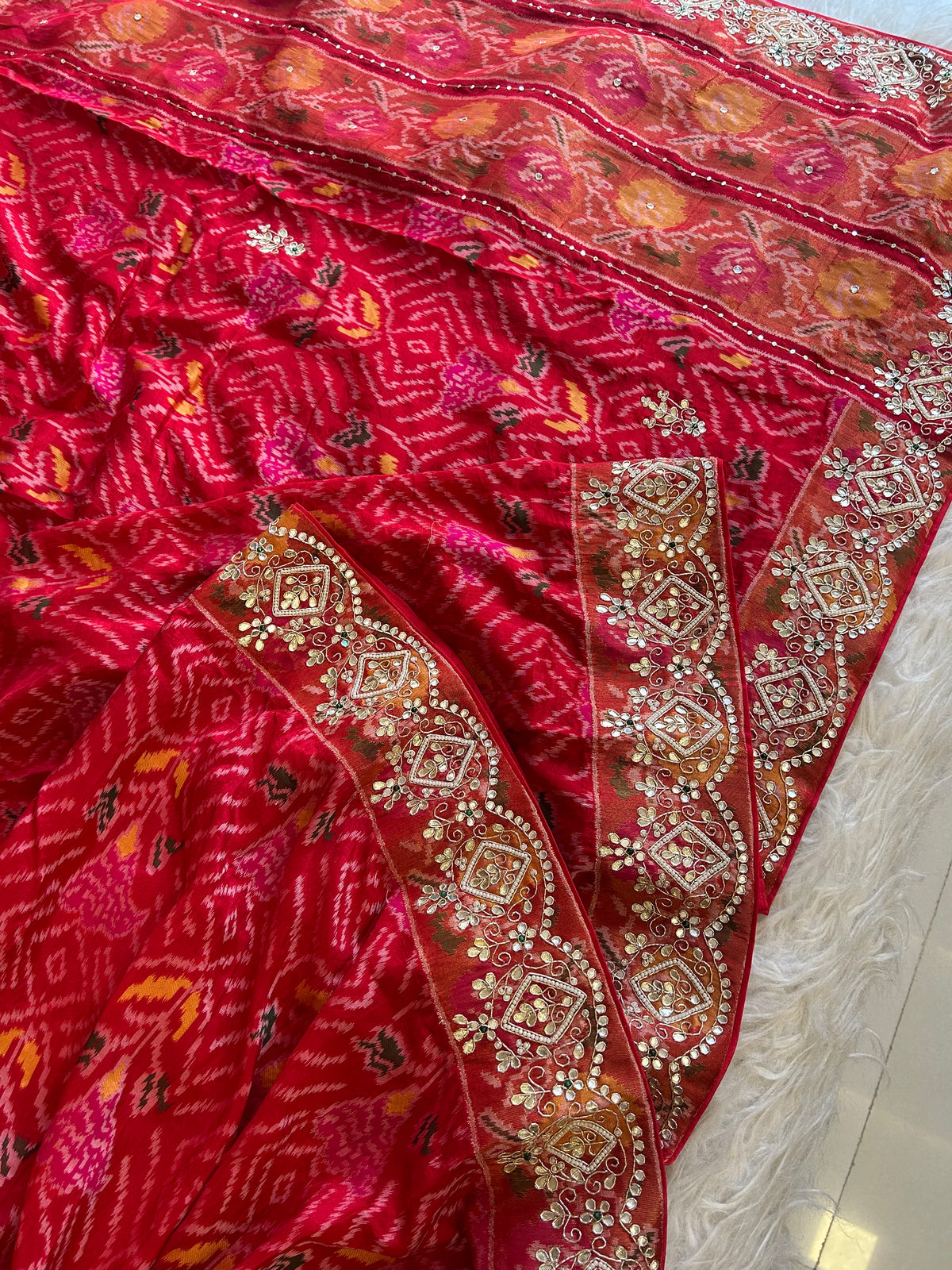 Red Banarasi Patola Saree with Gota, Zardosi, Bead & Mirror Work 5953 03