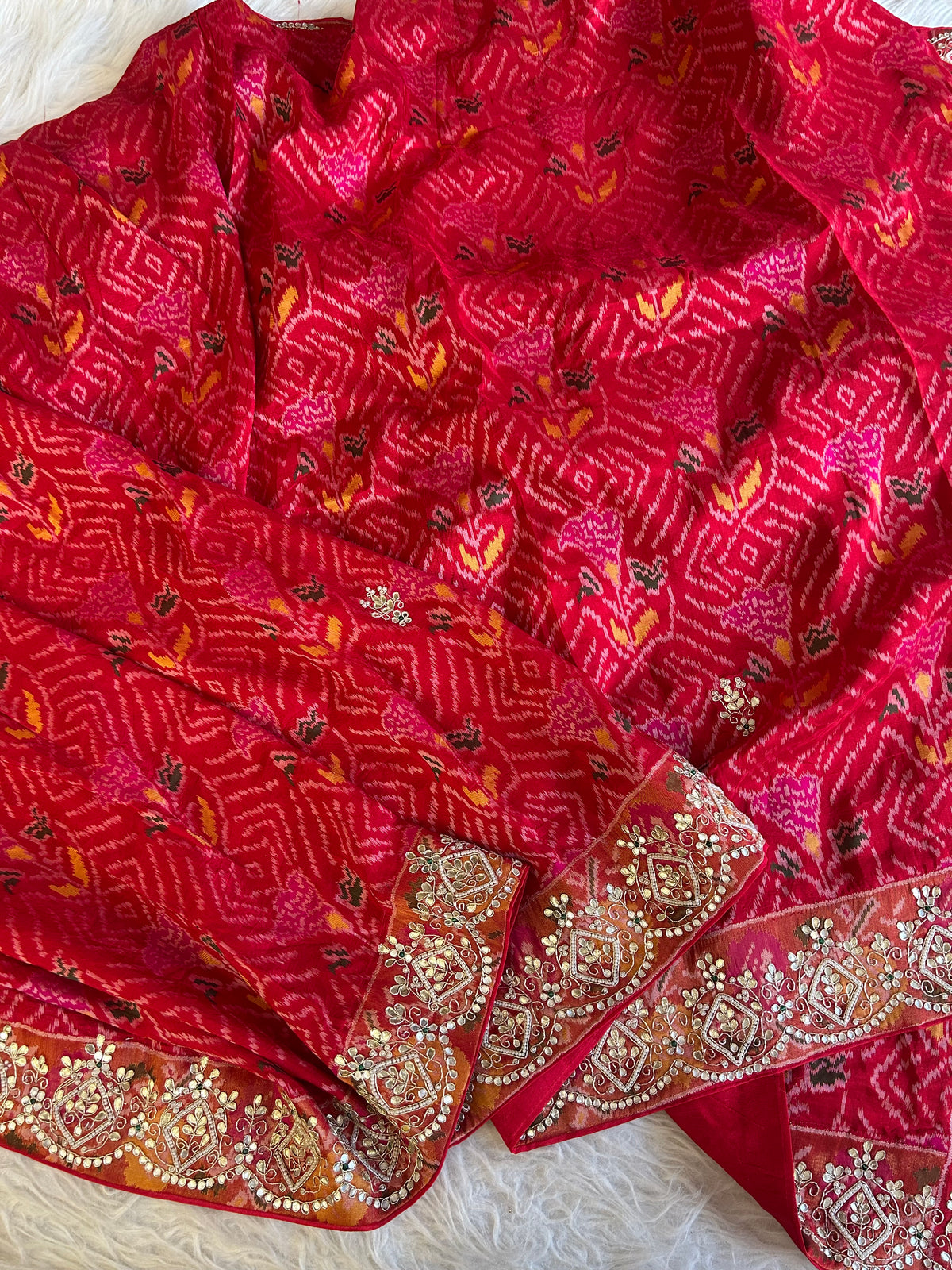 Red Banarasi Patola Saree with Gota, Zardosi, Bead & Mirror Work 5953 03