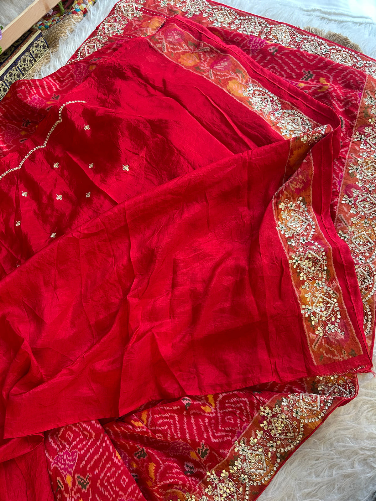 Red Banarasi Patola Saree with Gota, Zardosi, Bead & Mirror Work 5953 03