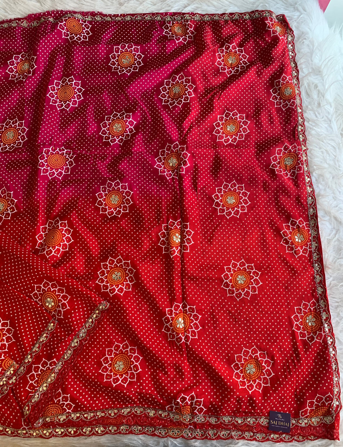 Bandhej Print Russian Silk Saree with Gota Patti & Zardozi 5891 01