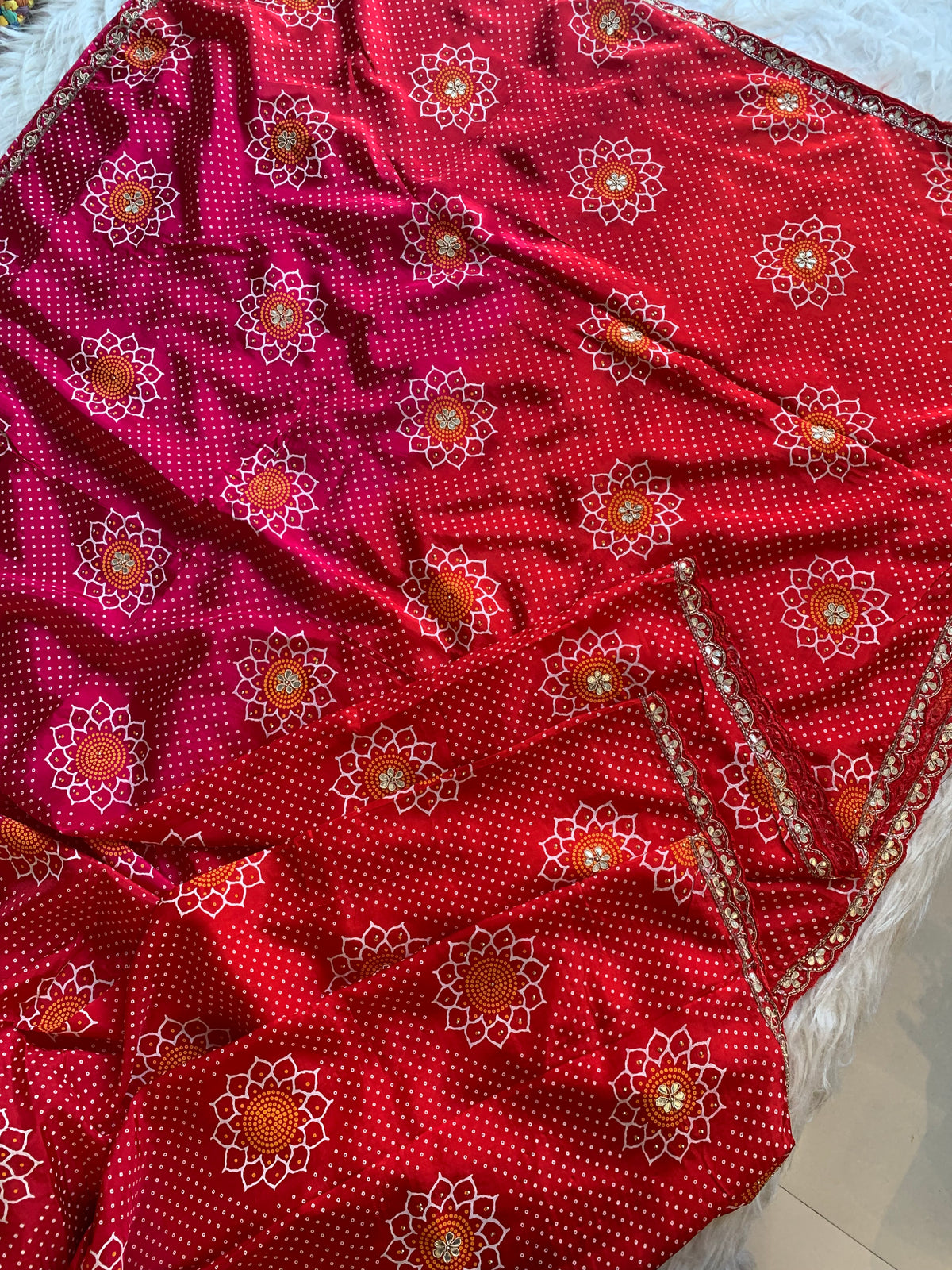Bandhej Print Russian Silk Saree with Gota Patti & Zardozi 5891 01