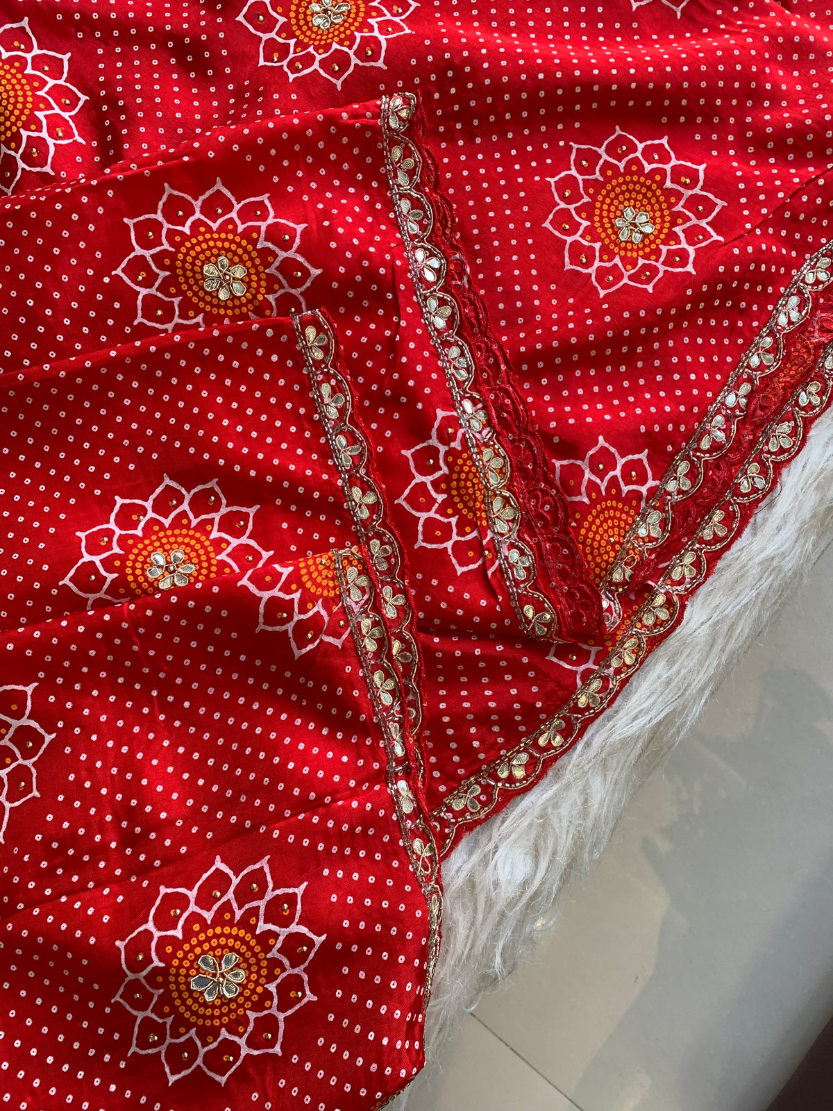 Bandhej Print Russian Silk Saree with Gota Patti & Zardozi 5891 01