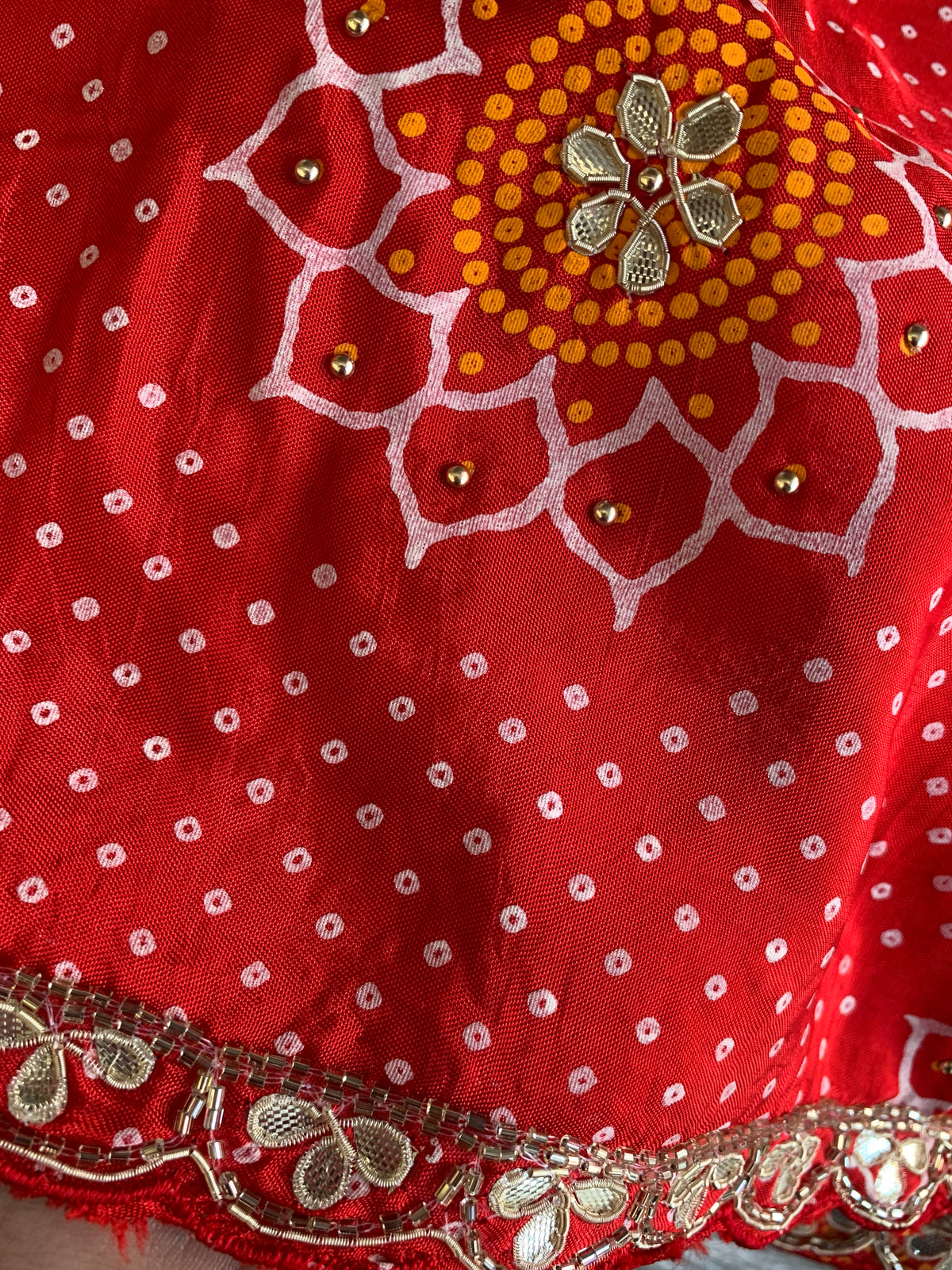 Bandhej Print Russian Silk Saree with Gota Patti & Zardozi 5891 01