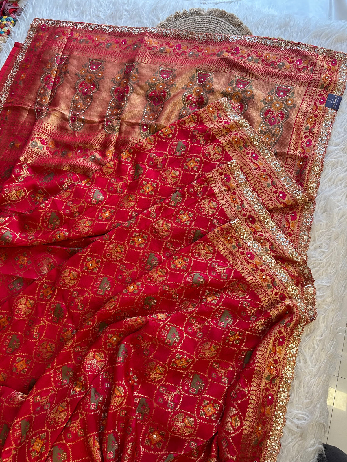 Red Banarasi Patola Saree with Aari, Sequin & Mirror Work 5953 04