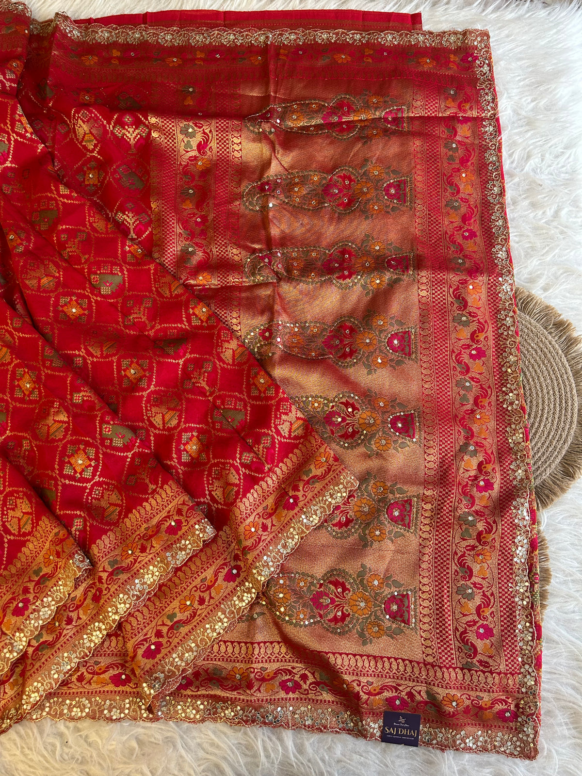 Red Banarasi Patola Saree with Aari, Sequin & Mirror Work 5953 04