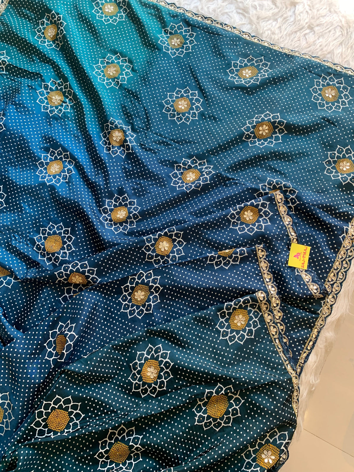 Bandhej Print Russian Silk Saree with Gota Patti & Zardozi 5891 01