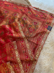 Red Banarasi Patola Saree with Aari, Sequin & Mirror Work 5953 04