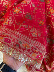 Red Banarasi Patola Saree with Aari, Sequin & Mirror Work 5953 04