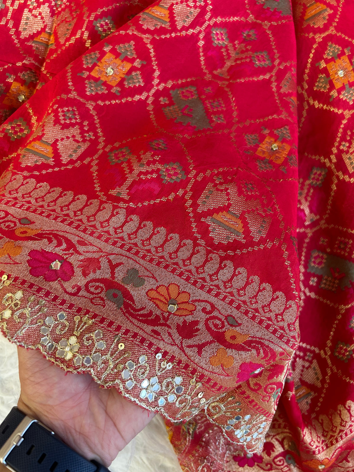 Red Banarasi Patola Saree with Aari, Sequin & Mirror Work 5953 04