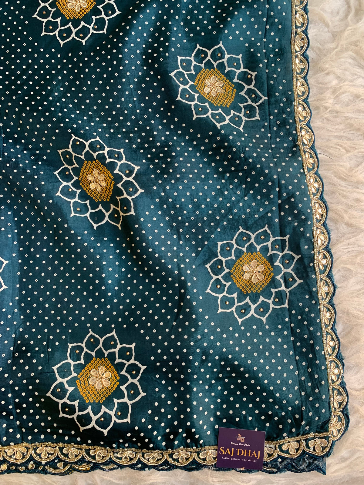 Bandhej Print Russian Silk Saree with Gota Patti & Zardozi 5891 01