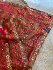 Red Banarasi Patola Saree with Aari, Sequin & Mirror Work 5953 04