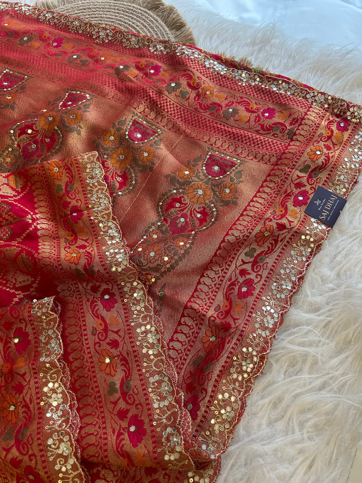 Red Banarasi Patola Saree with Aari, Sequin & Mirror Work 5953 04