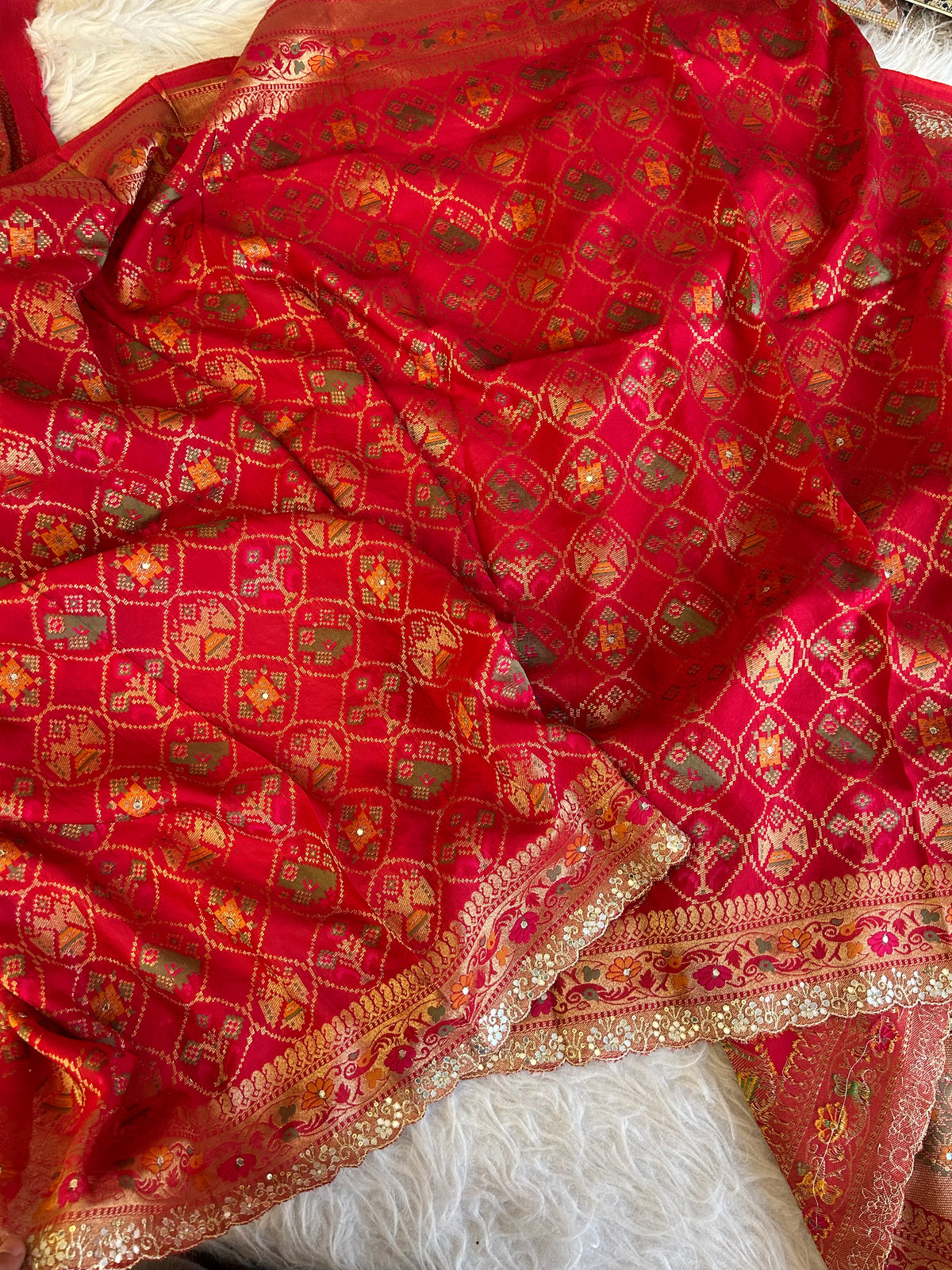 Red Banarasi Patola Saree with Aari, Sequin & Mirror Work 5953 04