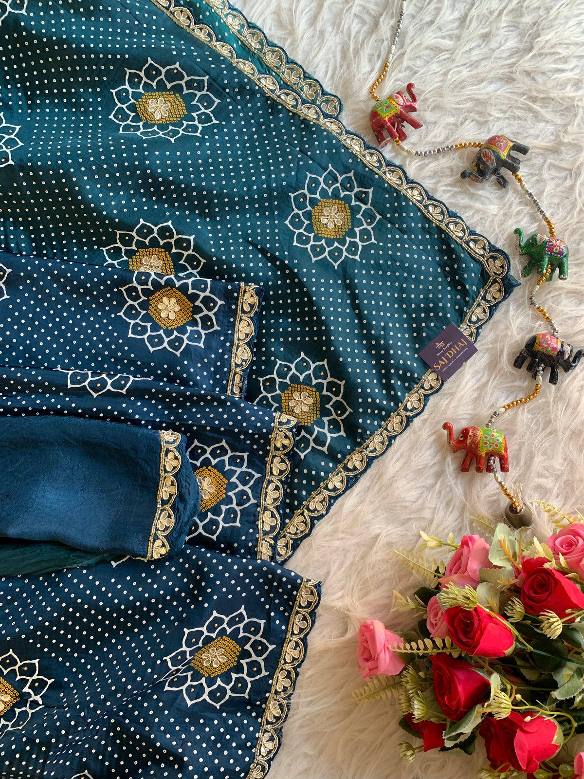 Bandhej Print Russian Silk Saree with Gota Patti & Zardozi 5891 01